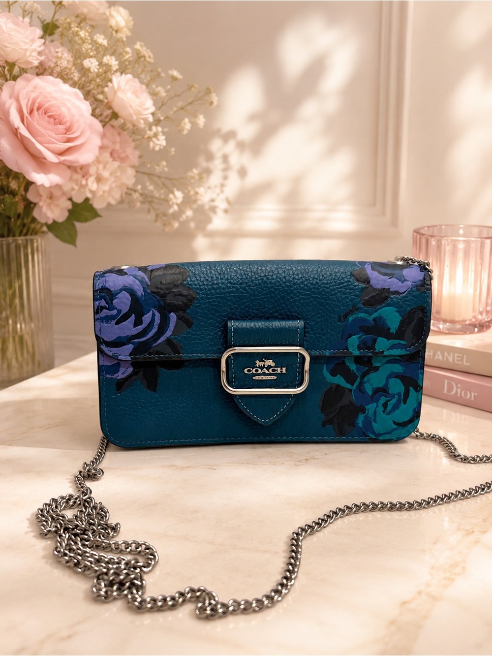 COACH Morgan Crossbody Jumbo Floral Leather X-body Deep Turquoise Multi CE667